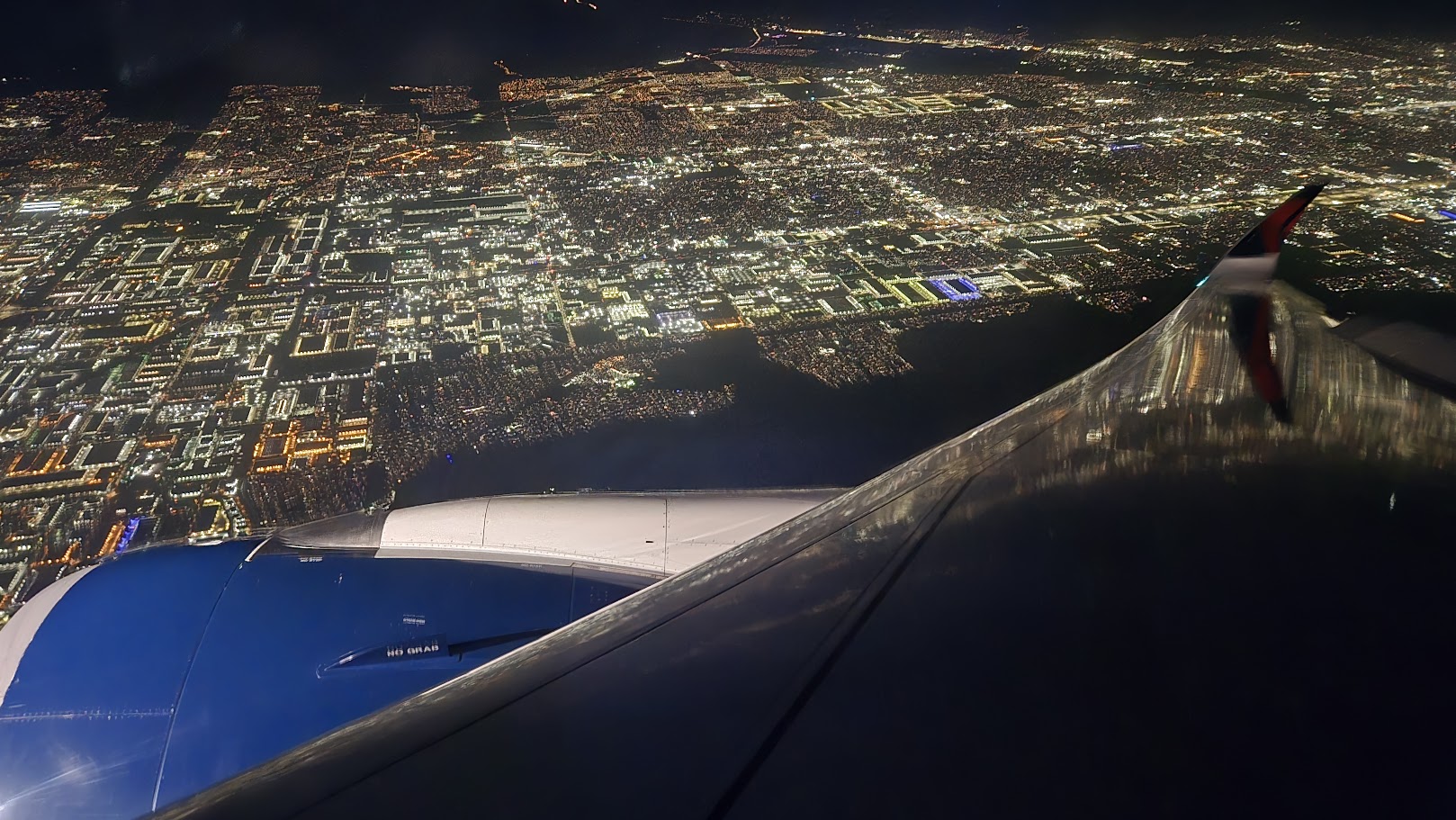 Night Approach Over Los Angeles Basin: Trent XWB Engine and Winglet
