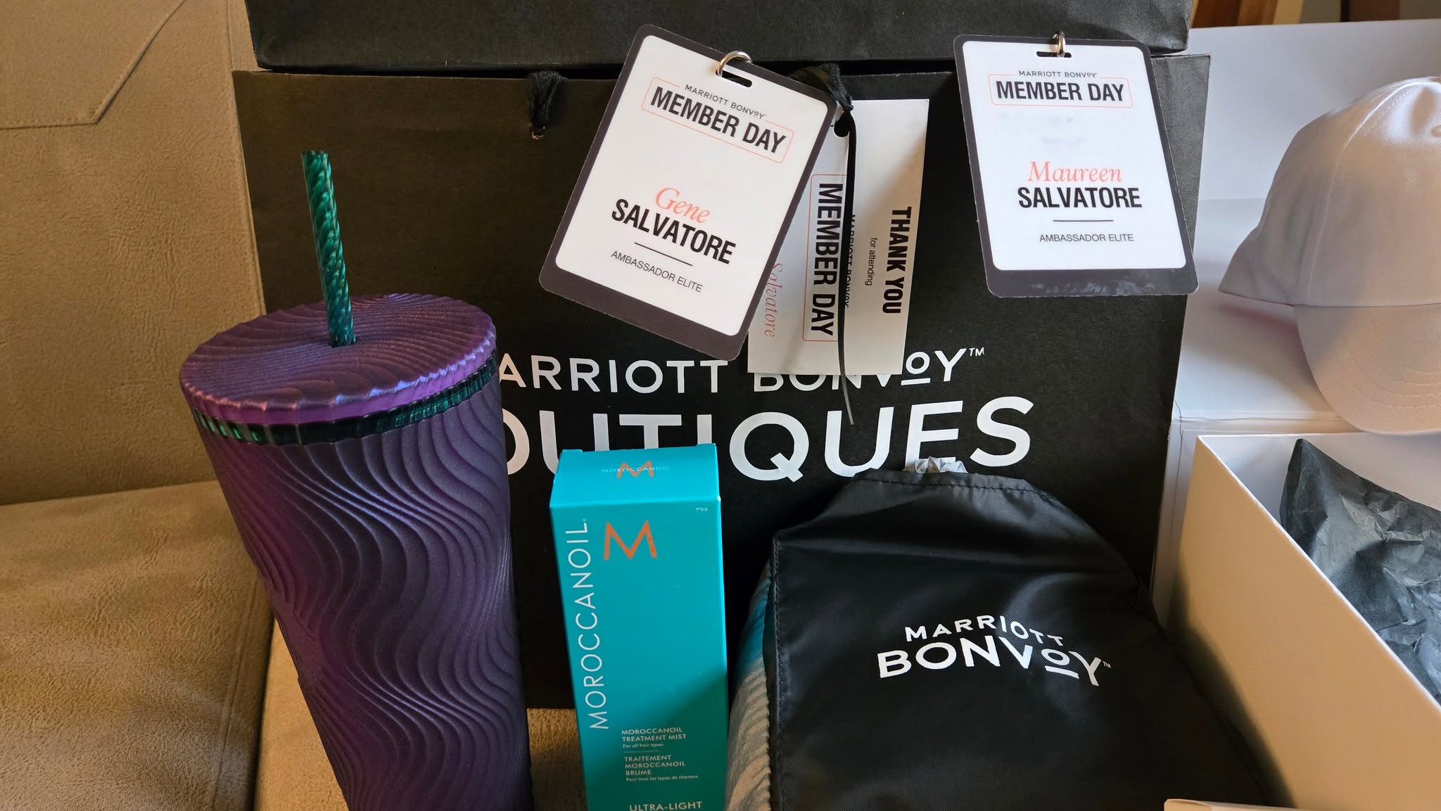 Gene & Maureen Salvatore Ambassador Elite Badges with Marriott Bonvoy Boutiques Bag