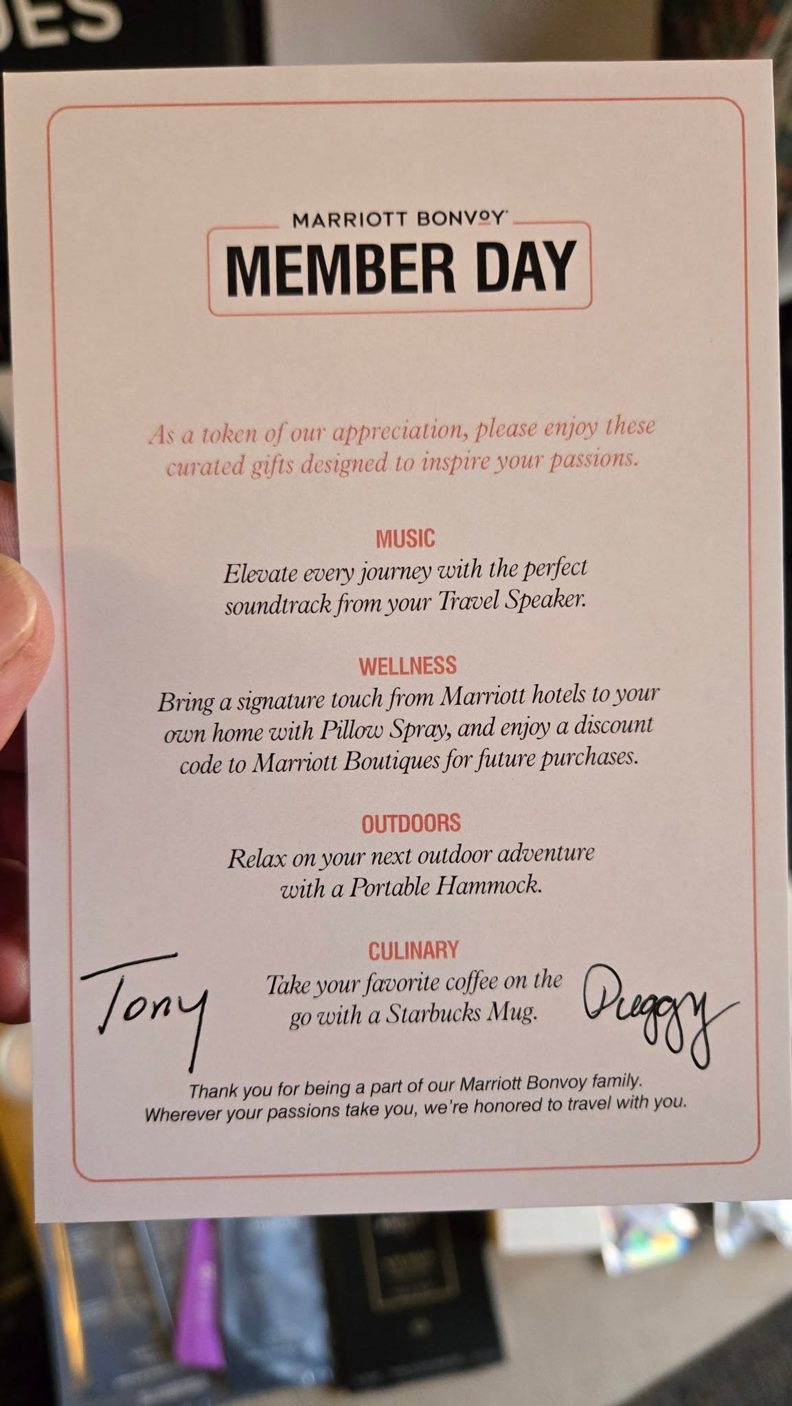 Official Welcome Gift Card Signed by Tony Capuano and Peggy Roe