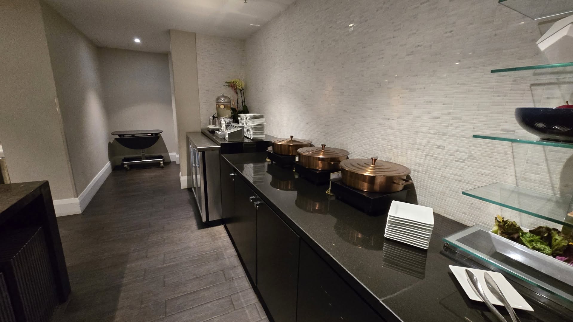 M Club evening buffet line with copper chafing dishes